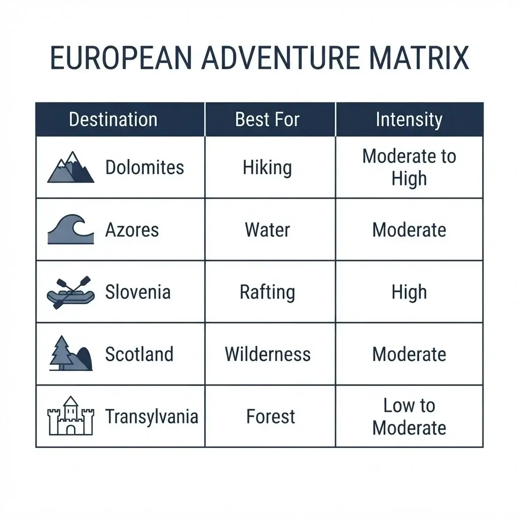 A comparison chart summarizing the five adventure destinations: Dolomites, Azores, Slovenia, Scotland, and Transylvania, highlighting activity focus.