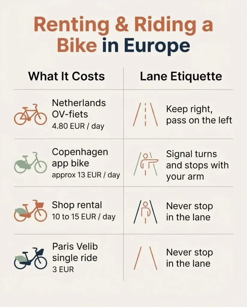 Flat vector infographic comparing bike rental prices and lane etiquette across European cities for tourists