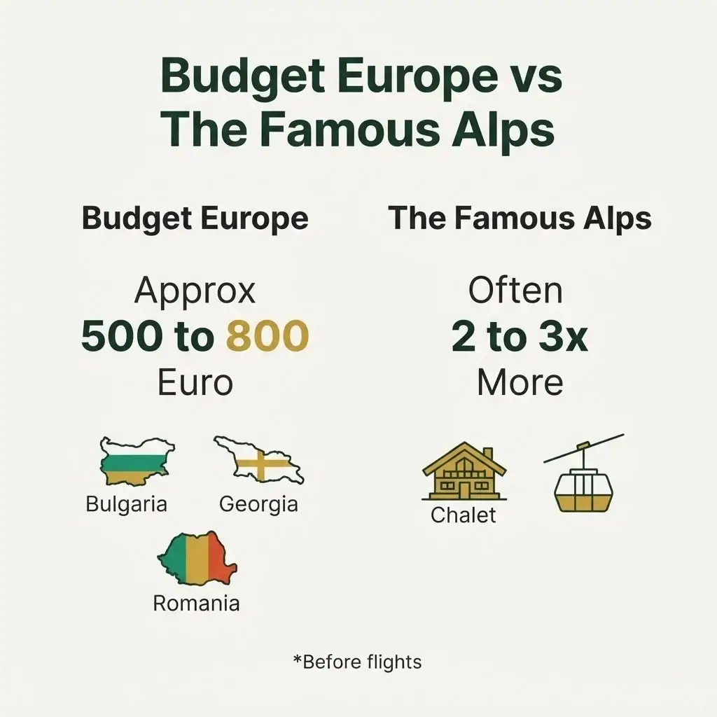 Flat vector comparison chart showing weekly ski trip costs in budget Eastern European resorts versus the famous Alps