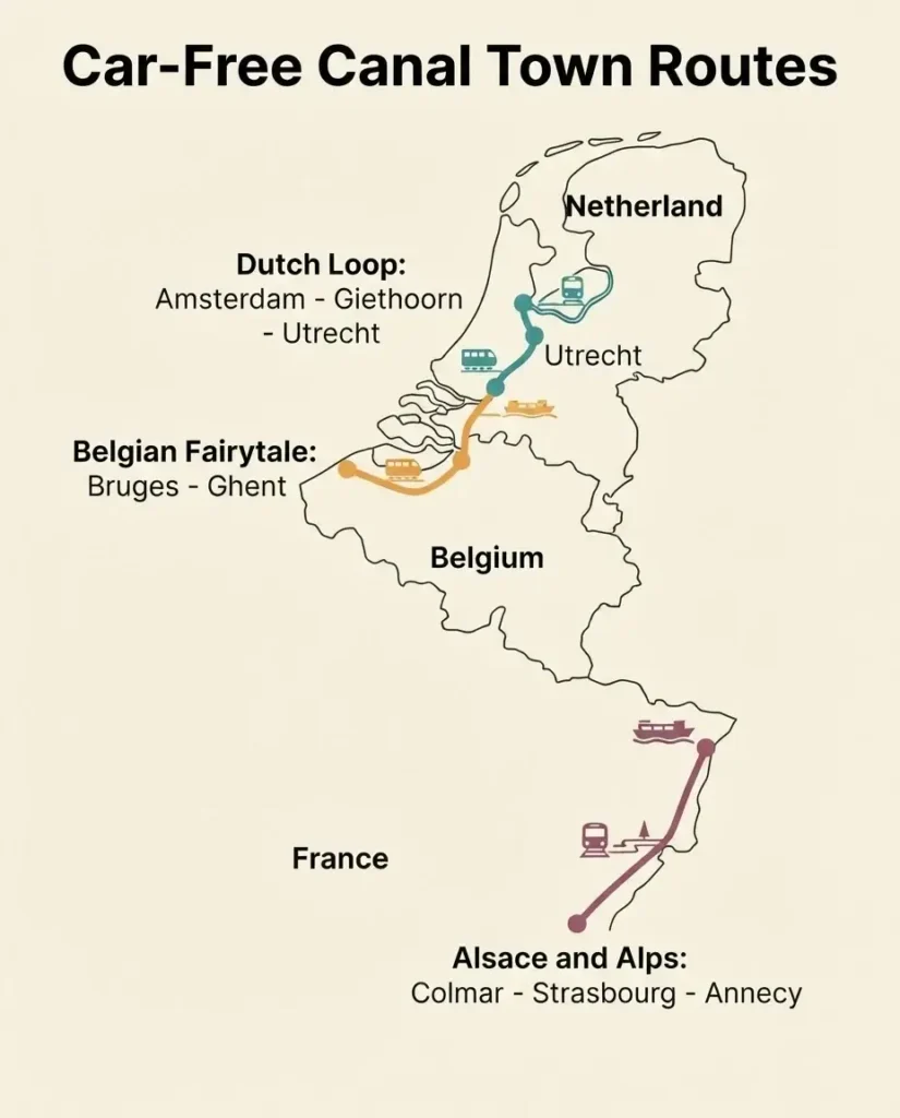 Flat vector map showing three car-free train routes linking Europe's best canal towns across the Netherlands, Belgium, and France