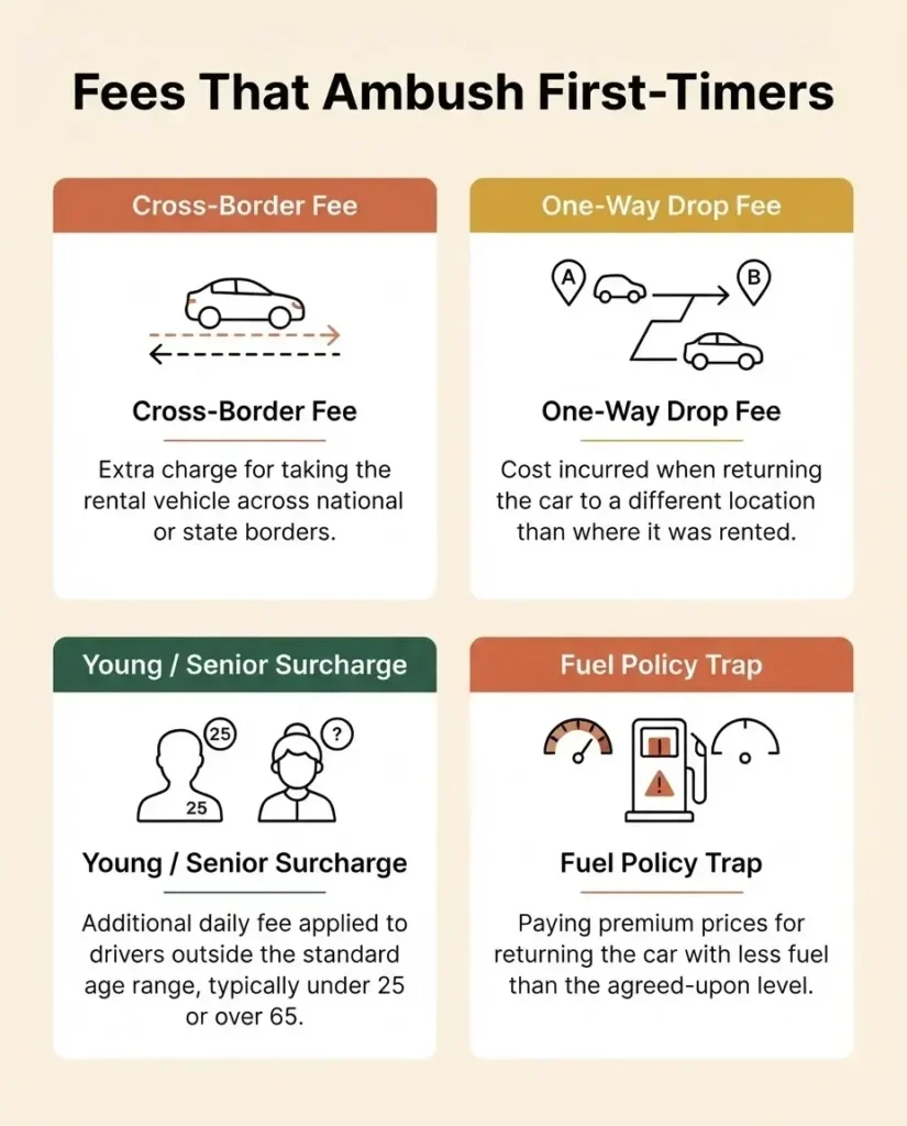 Flat vector infographic listing common hidden car rental fees in Europe including cross-border, one-way drop, young driver, and fuel policy charges