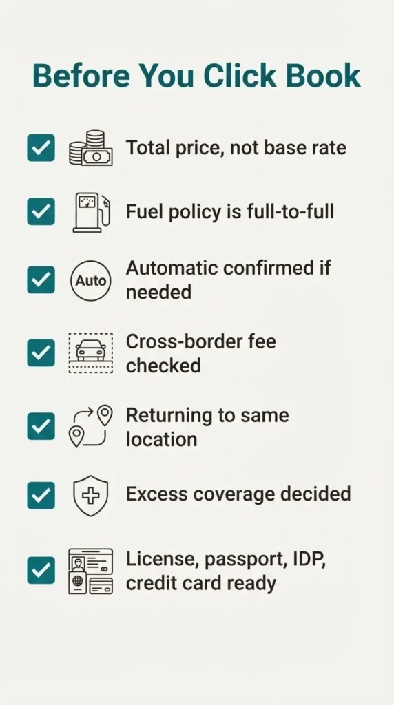 Vector checklist infographic of steps to confirm before booking a car rental in Europe, including insurance, fuel policy, and documents