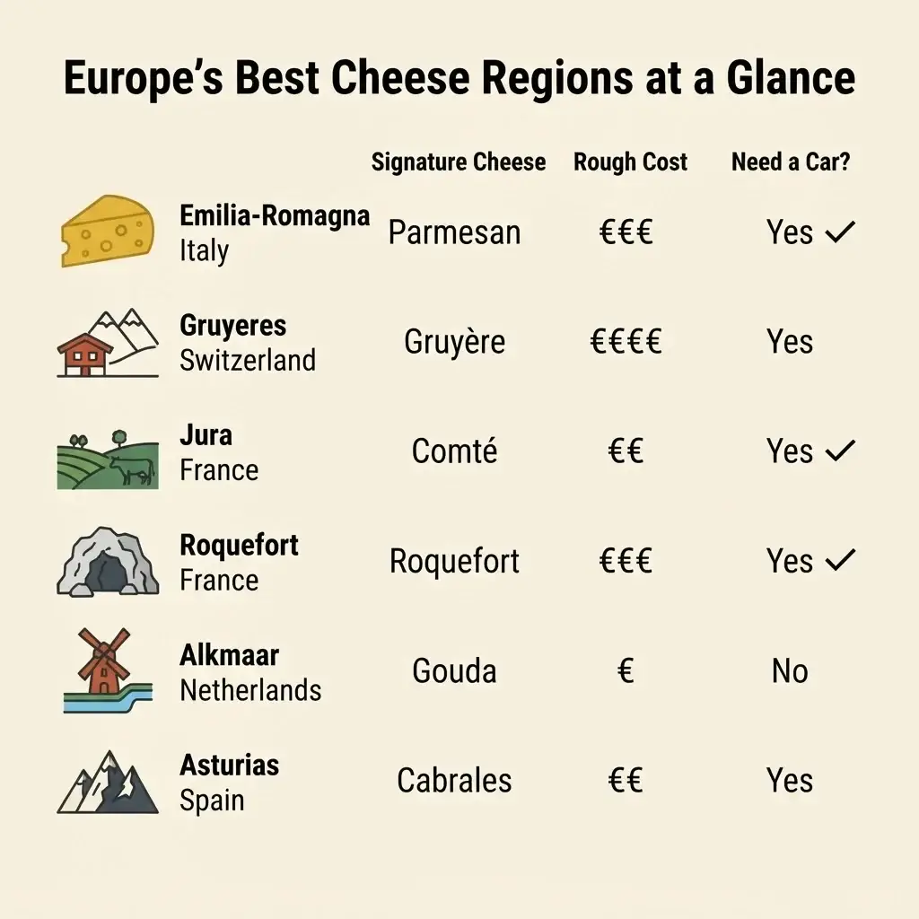 Comparison chart of Europe's best cheese destinations for foodies showing signature cheese, price and car needs by region