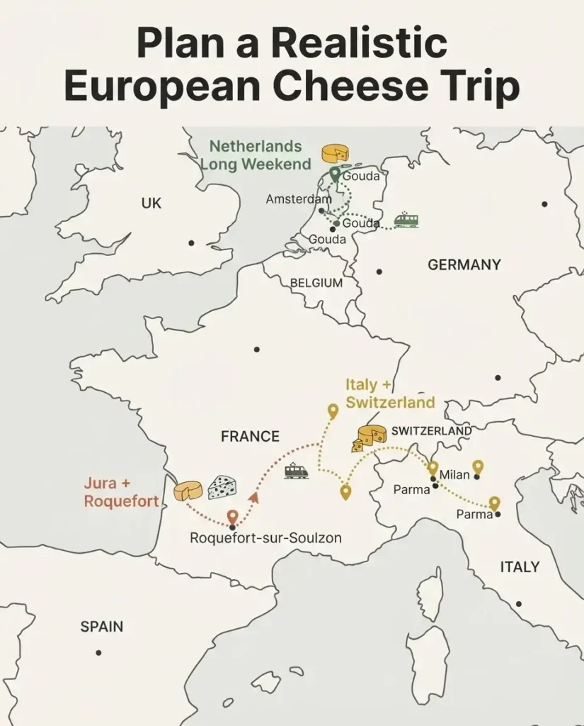 Simplified route-planner map of suggested European cheese trip pairings across Italy, Switzerland, France, the Netherlands and Spain