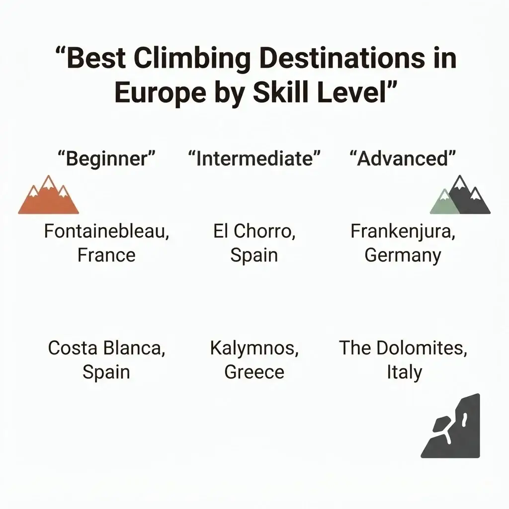 Flat vector comparison infographic ranking best climbing destinations in Europe by beginner, intermediate, and advanced skill level including Fontainebleau, Costa Blanca, Frankenjura, and the Dolomites.