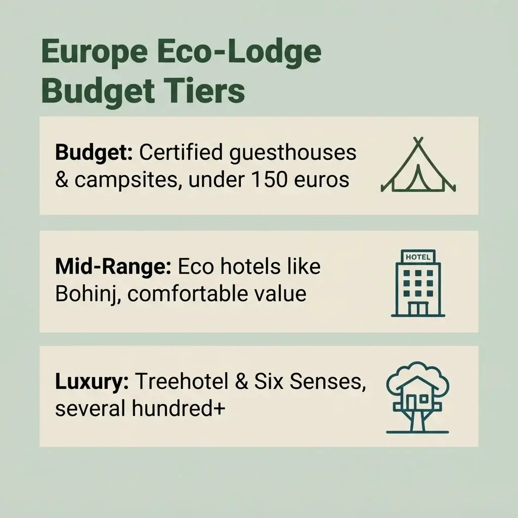 Flat vector budget comparison infographic of European eco-lodge price tiers from budget guesthouses to luxury resorts