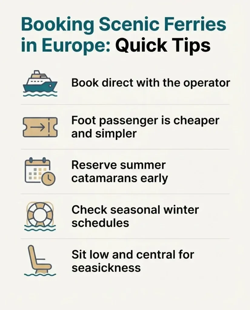 Flat vector infographic summarizing practical booking and safety tips for scenic ferry routes in Europe