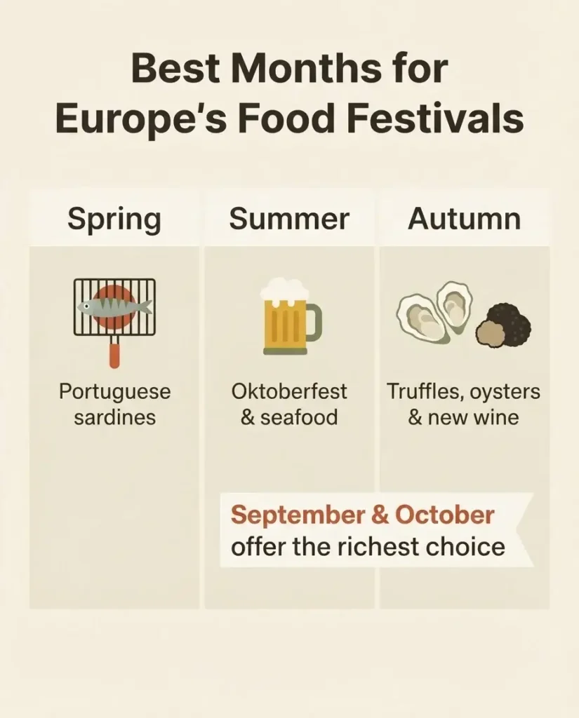 Seasonal calendar infographic showing the best months for European food festivals across spring, summer, and autumn