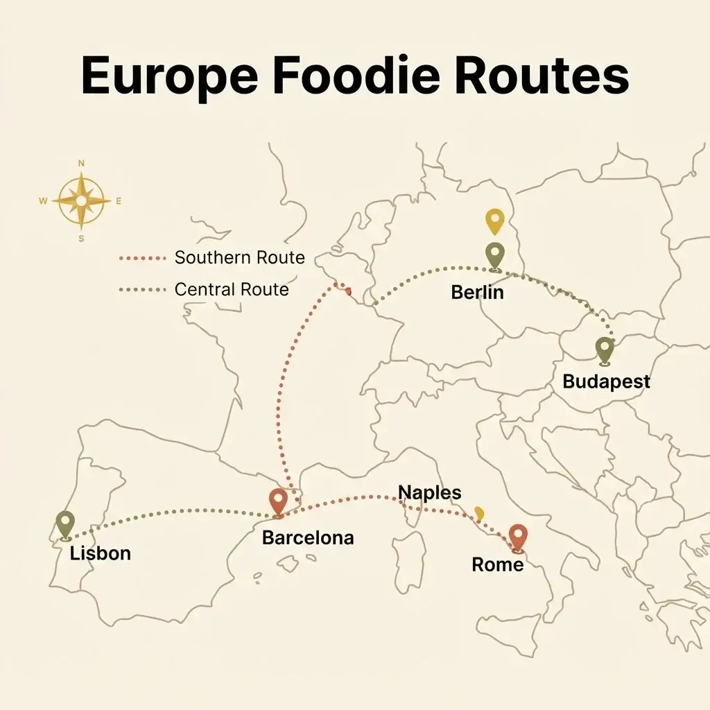 Flat vector map of Europe showing two suggested foodie travel routes connecting Barcelona, Naples, Rome, Lisbon, Berlin, and Budapest