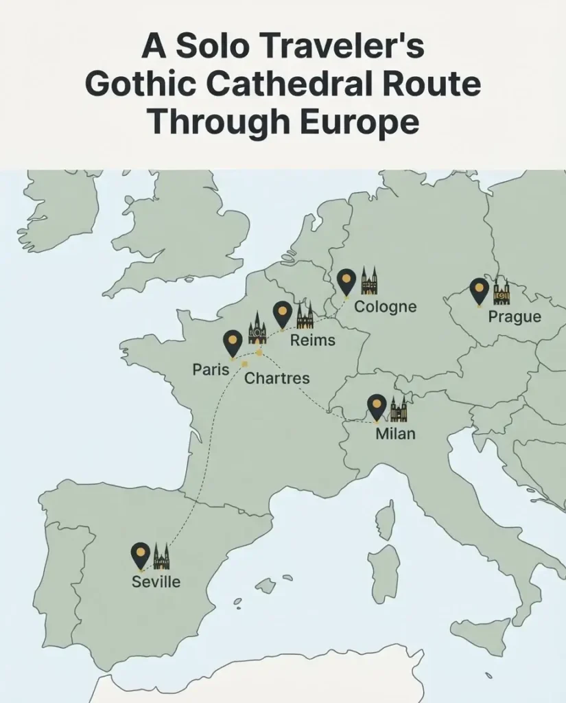 Flat vector map infographic showing a suggested Gothic cathedral travel route through Paris, Chartres, Reims, Cologne, Milan, Seville, and Prague