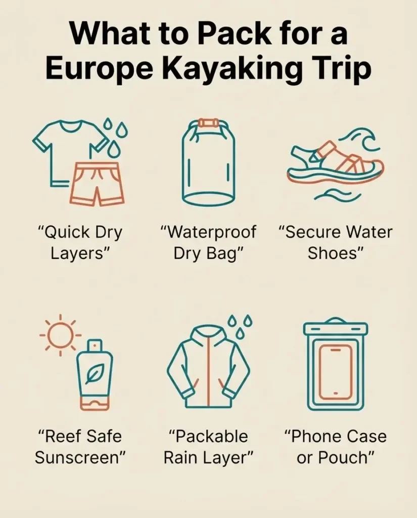 Flat vector packing list infographic showing essential gear for a European kayaking trip.