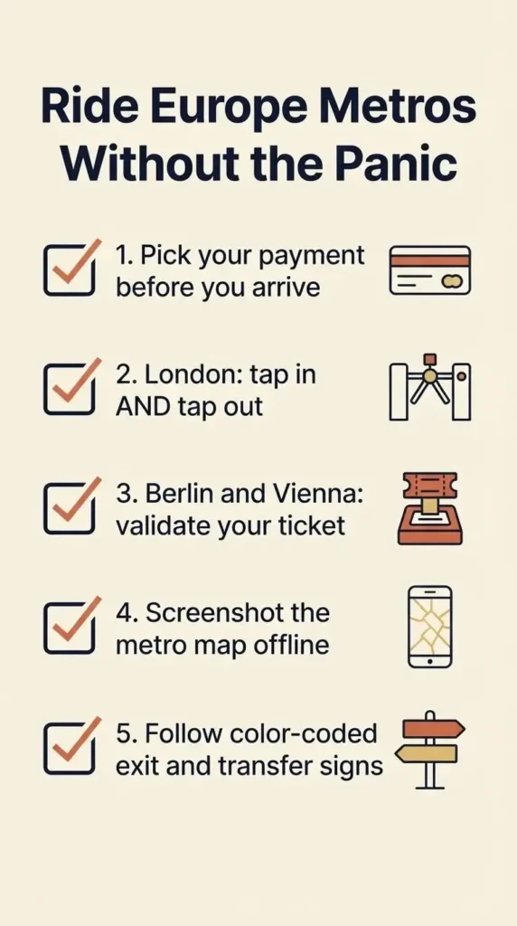 Step-by-step checklist infographic for using European metro systems without getting fined, solo travel tips