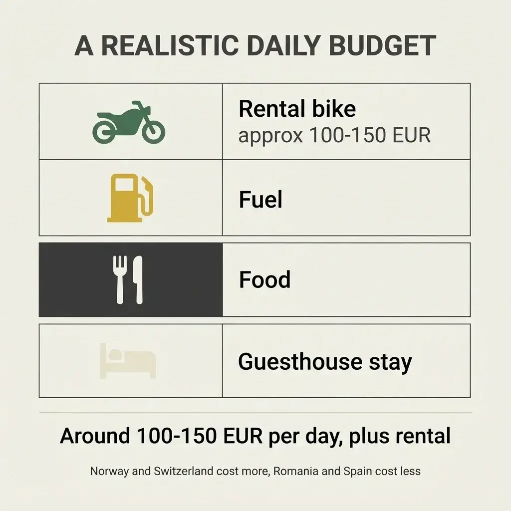 Flat vector infographic breaking down a daily motorcycle touring budget in Europe including rental, fuel, food, and stays