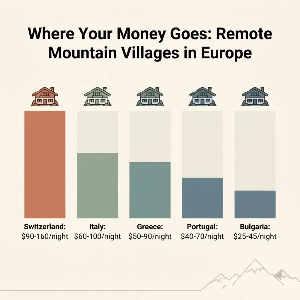 Infographic comparing average nightly guesthouse costs across remote mountain village regions in Switzerland, Italy, Greece, Portugal, and Bulgaria.