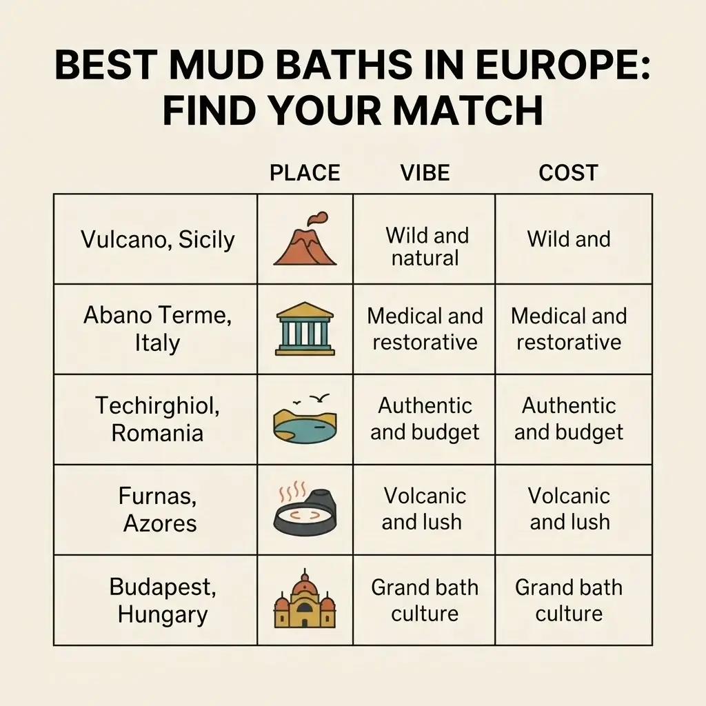 Flat vector comparison chart of the best mud baths in Europe by experience type, cost, and location