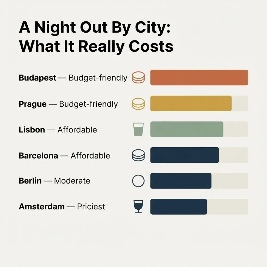 Flat vector comparison chart ranking a night out cost across Budapest, Prague, Lisbon, Barcelona, Berlin and Amsterdam nightlife districts