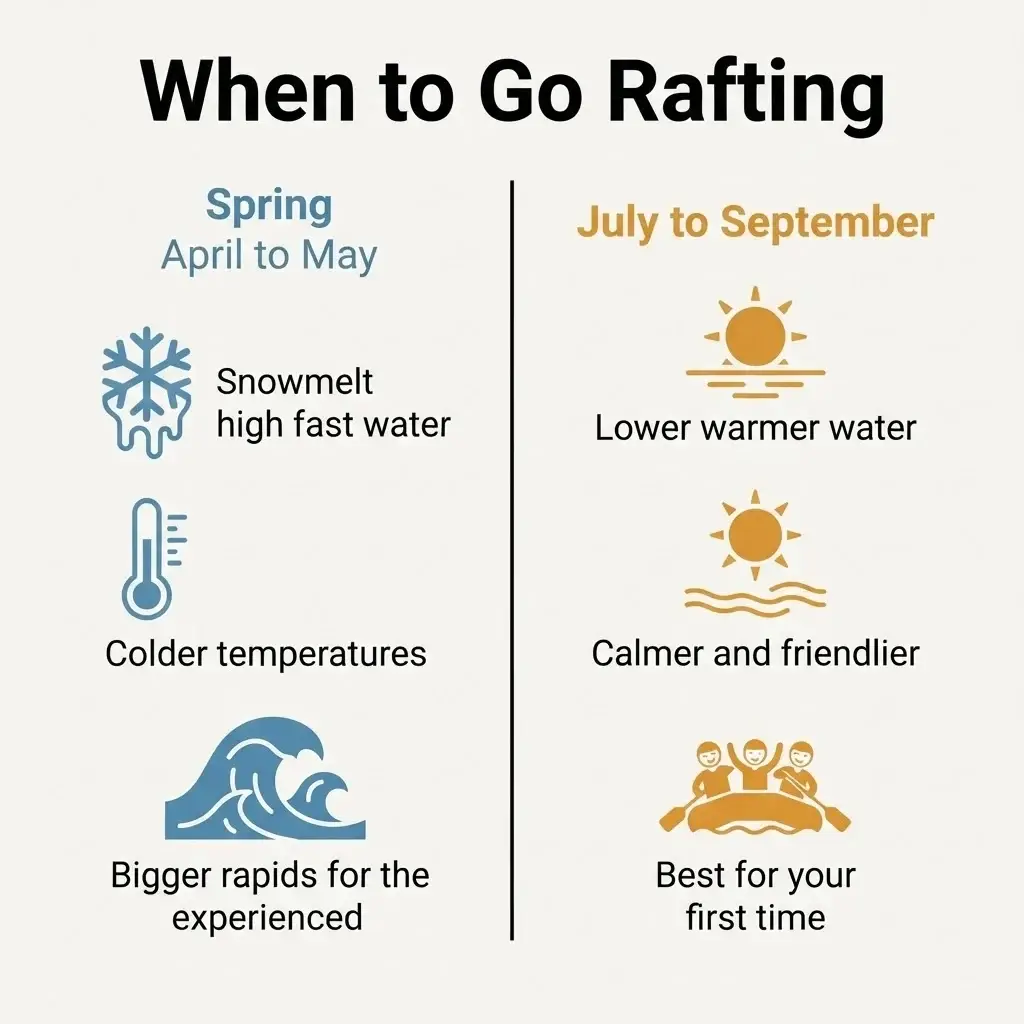 Flat vector comparison of spring versus late-summer white-water rafting seasons in Europe by water level and difficulty