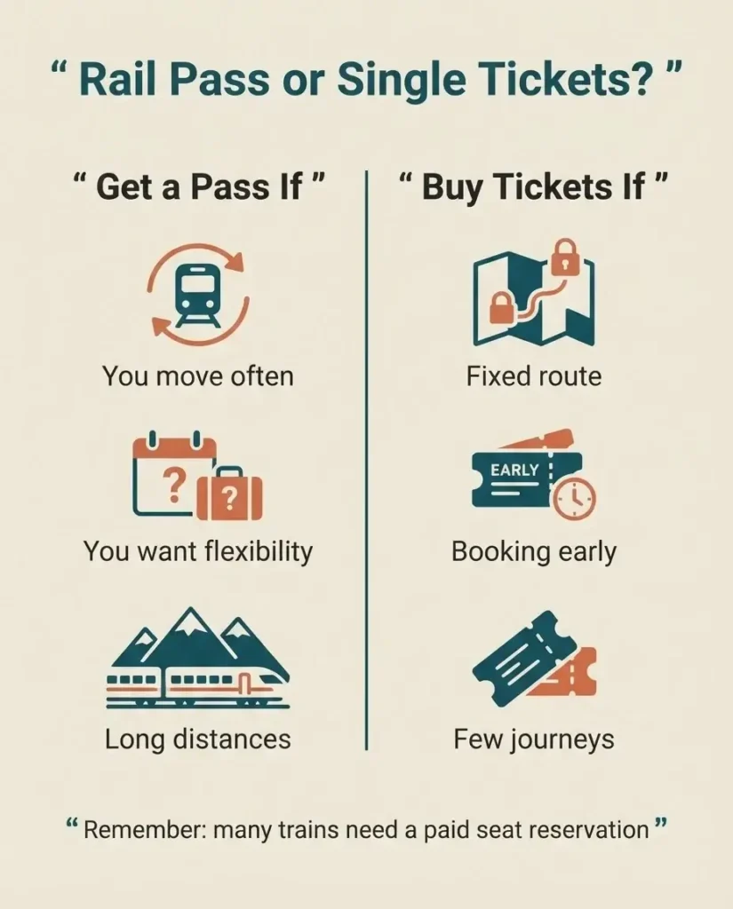 Decision guide infographic comparing a Europe rail pass versus point-to-point train tickets for budget eco-friendly travel