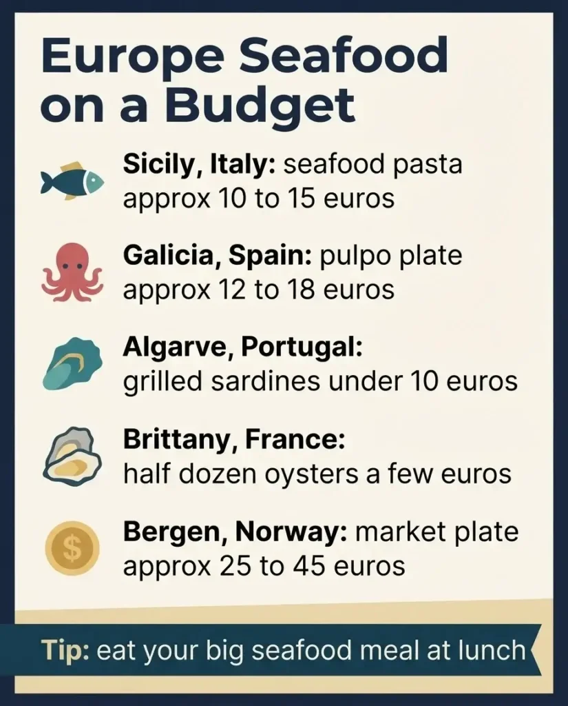 Budget guide infographic comparing average seafood meal costs across European regions like Galicia, Sicily, and Bergen