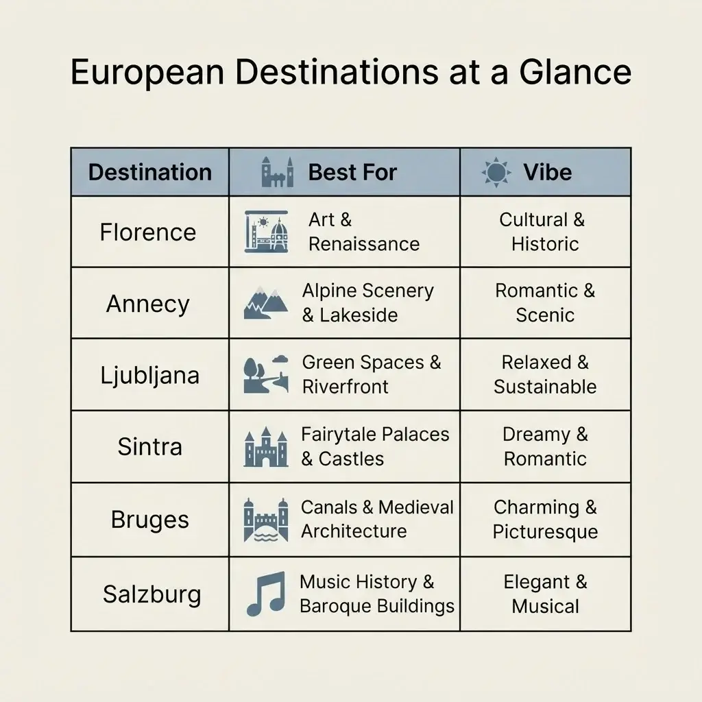 A 1:1 comparison table titled "European Destinations at a Glance" categorizing Florence, Annecy, Ljubljana, Sintra, Bruges, and Salzburg by travel style and primary vibe.