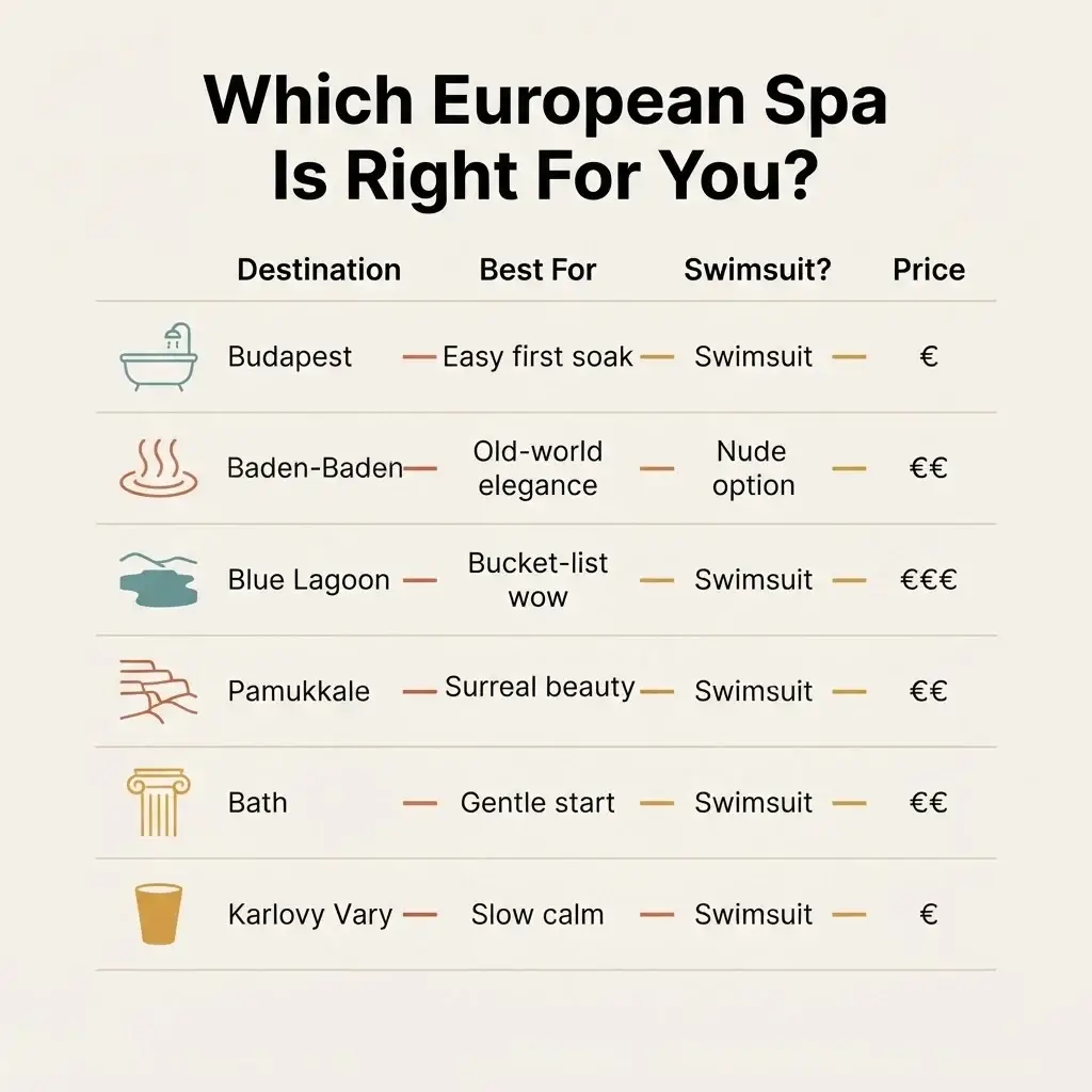 Comparison chart of the most relaxing spa destinations in Europe by mood, price, and swimsuit rules for solo travelers