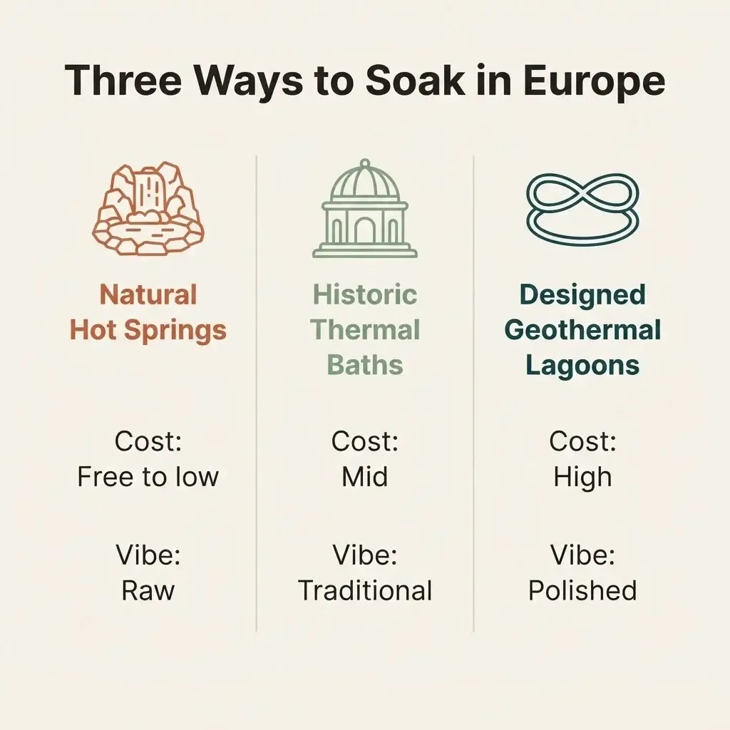 Comparison chart of three European bathing types, natural hot springs, historic thermal baths, and designed geothermal lagoons