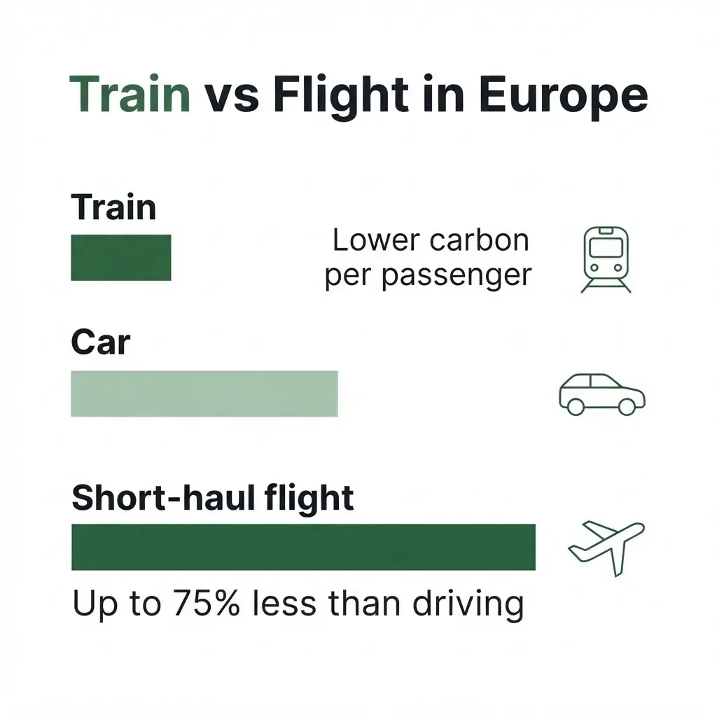Comparison infographic showing lower carbon emissions of European trains versus short-haul flights and cars per passenger