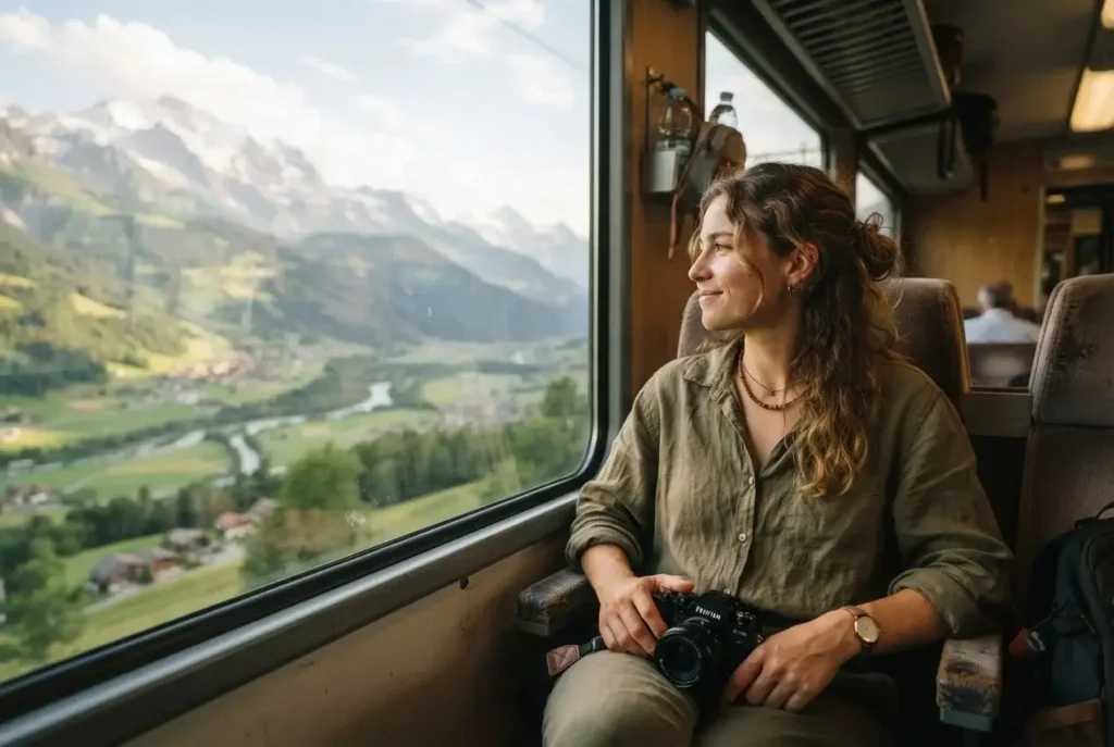 Solo traveler watching Alpine landscape pass by from a European train window during eco-friendly rail journey through the Alps