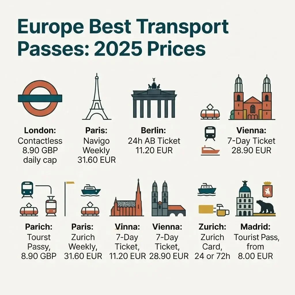 Comparison infographic of 2025 public transport ticket and pass prices in London, Paris, Berlin, Vienna, Zurich and Madrid