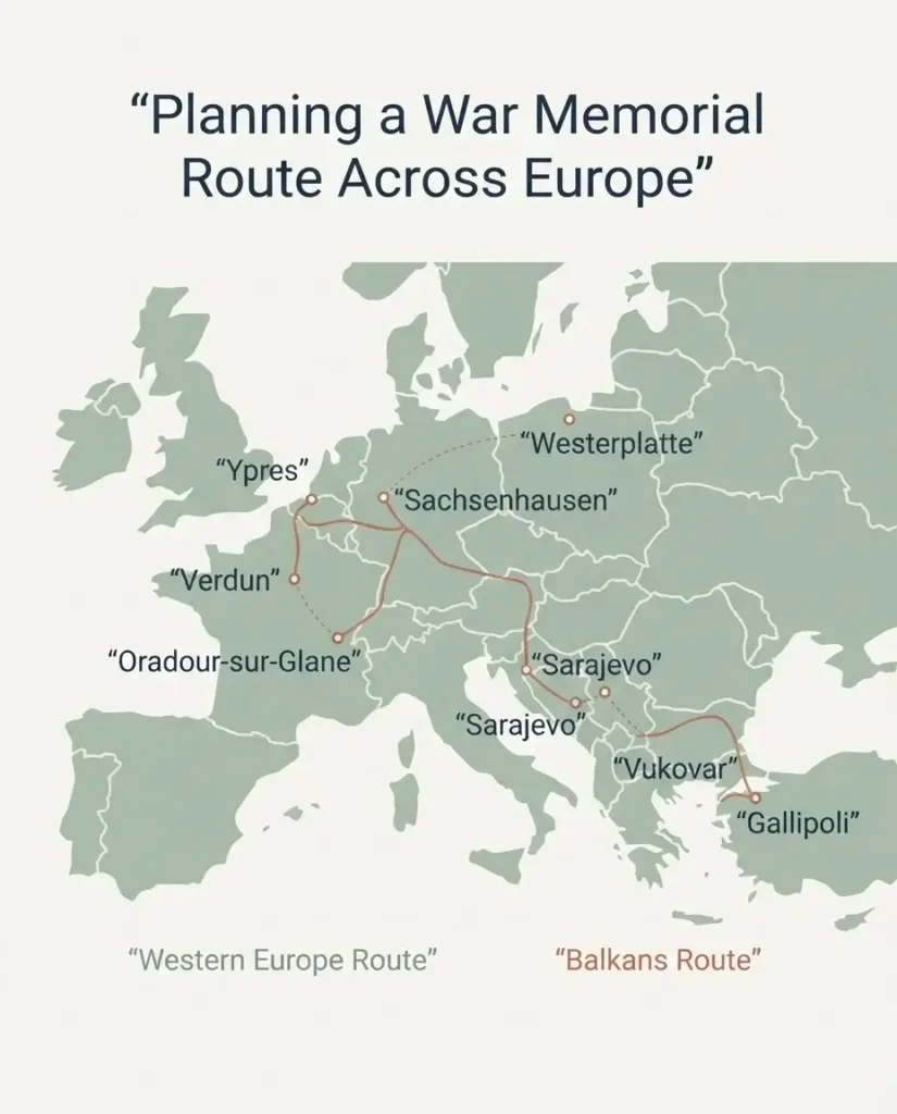 Infographic map showing a suggested multi country travel route connecting underrated war memorials across Europe