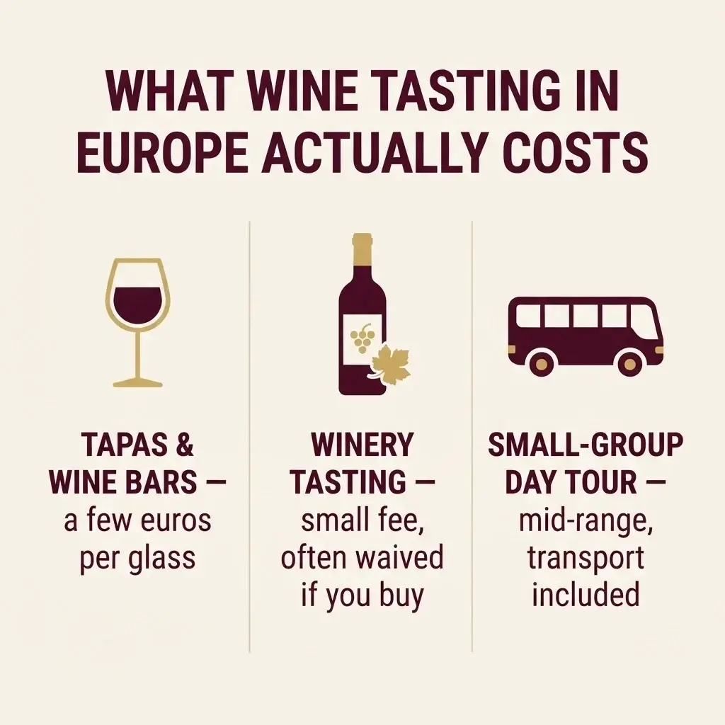 Flat vector comparison chart of European wine-tasting costs from budget tapas bars to small-group day tours