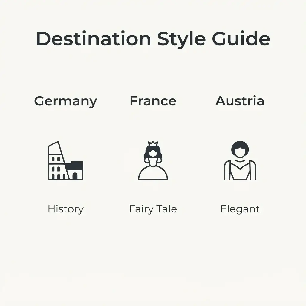 A minimalist comparison chart for European Christmas market destinations showing the vibe and best-fit traveler for Germany, France, and Austria.