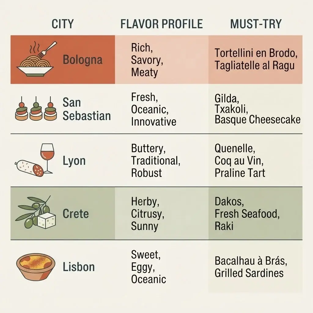 A comparison chart summarizing the culinary identity of Bologna, San Sebastian, Lyon, Crete, and Lisbon, highlighting the signature vibe and must-try dish for each city.