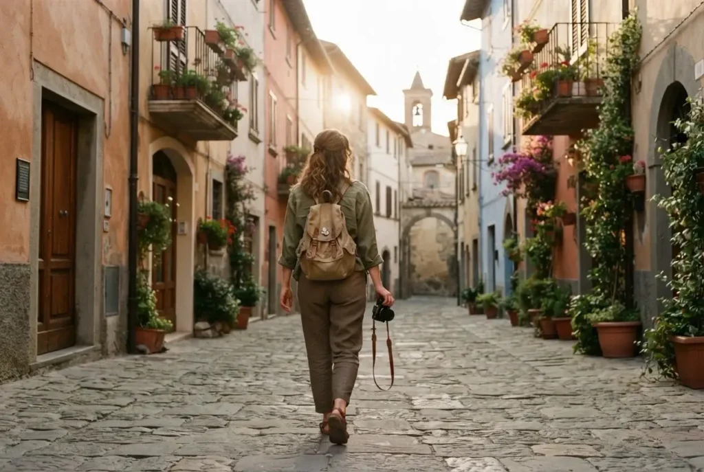 Young woman traveler choosing fresh seasonal produce at a local European market, sustainable slow food travel