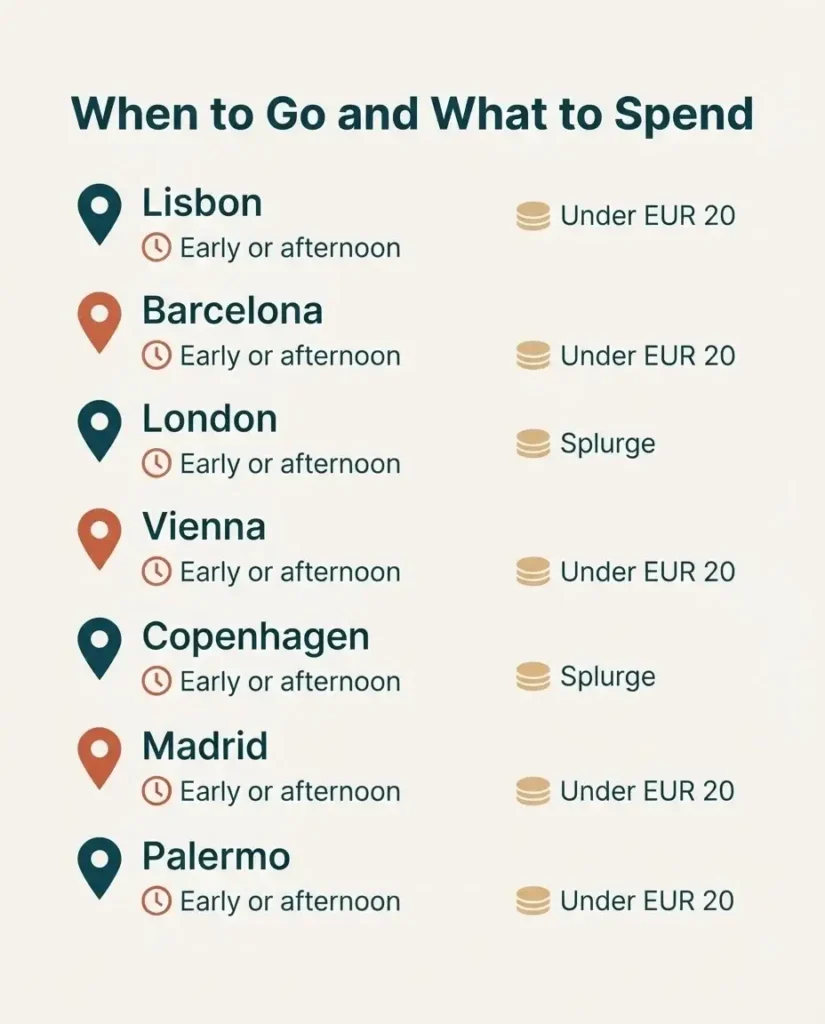 Flat vector travel guide showing best times to visit and typical food budgets for major European street food markets