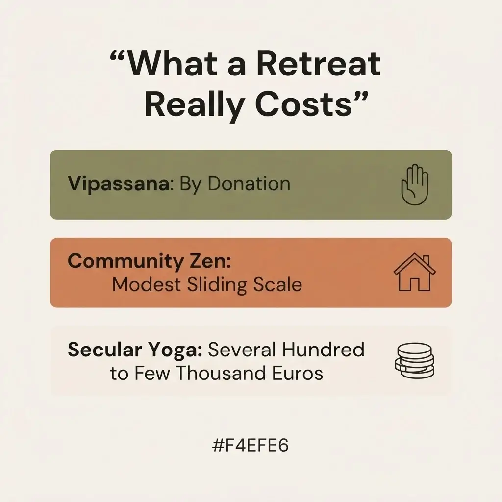 Cost comparison infographic of European meditation retreats showing donation-based Vipassana, community Zen, and secular yoga pricing