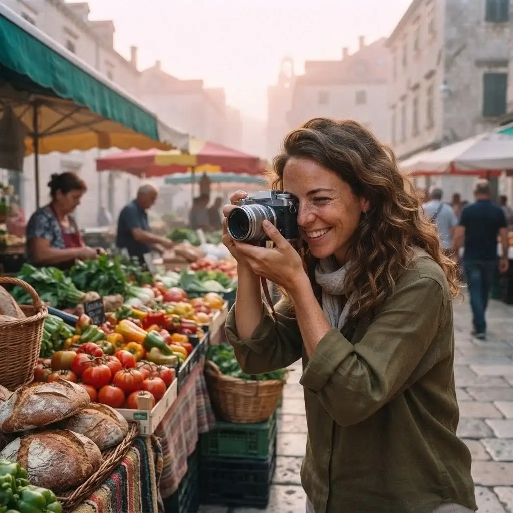 A curious female traveler browsing a vibrant, colorful outdoor European morning market, holding a vintage mirrorless camera, surrounded by artisan breads and fresh local produce.