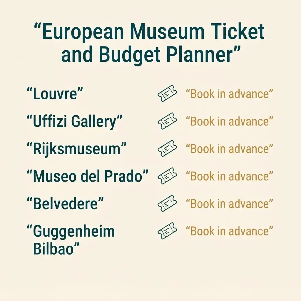 Flat vector comparison infographic showing ticket prices and booking windows for the Louvre, Uffizi, Rijksmuseum, Prado, Belvedere, and Guggenheim Bilbao.