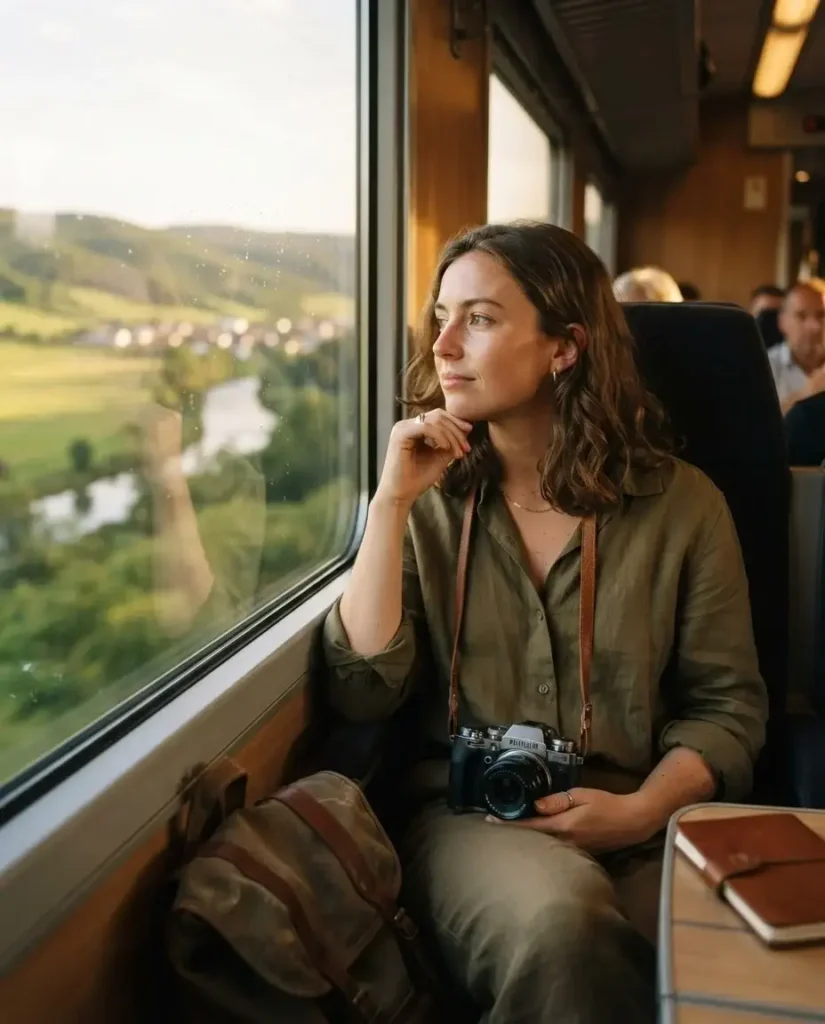 Solo traveler watching the countryside pass from the window of a European train, a low-carbon way to travel between eco-friendly destinations