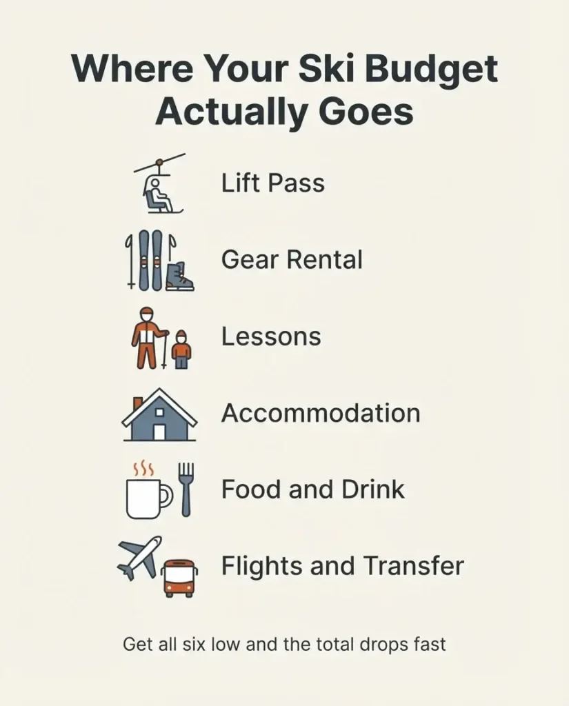 Flat vector budget breakdown infographic of the six costs of a European ski trip including lift pass, rental, lessons, lodging, food, and flights