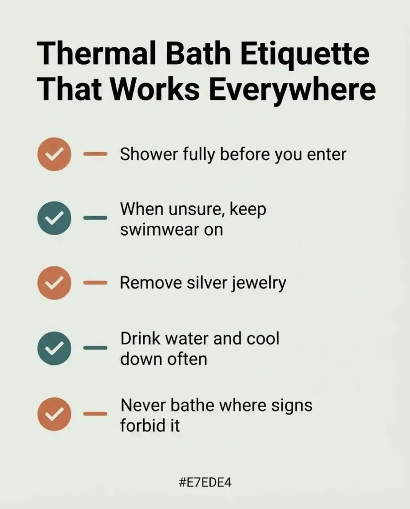 Etiquette checklist for visiting hot springs and thermal baths in Europe, covering showering, swimwear, and hydration rules