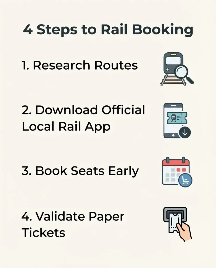A clean, 4:5 ratio infographic showing the four-step process for booking European train tickets: Research, Download App, Book Early, and Validate.