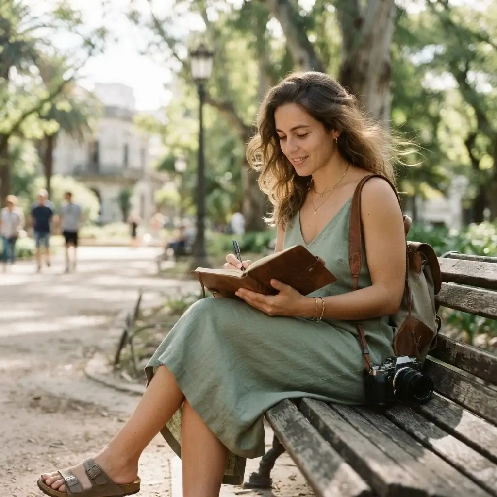 A solo traveler taking a contemplative break on a park bench in Parque Rodó, Montevideo, with lush greenery and soft dappled sunlight in the background.