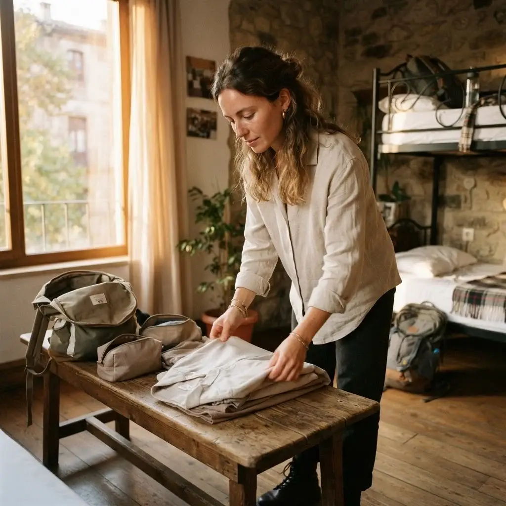 Solo traveler Emma Collins organizing her wrinkle-free earth-toned travel clothing on a dark wooden bench inside a minimalist guest room.
