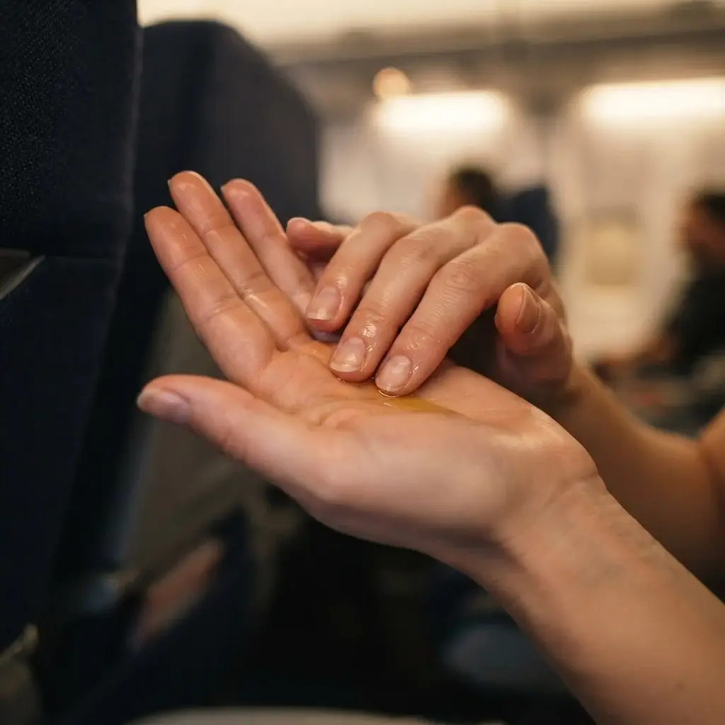 Close-up view of a young woman's hands warming a few drops of natural facial oil in her palms inside a softly lit airplane cabin.