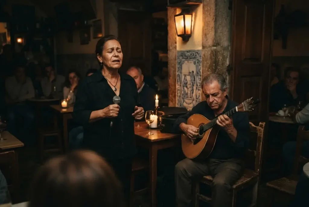 Intimate candlelit fado performance with a singer and Portuguese guitarist in a small Alfama tavern, Lisbon, Portugal