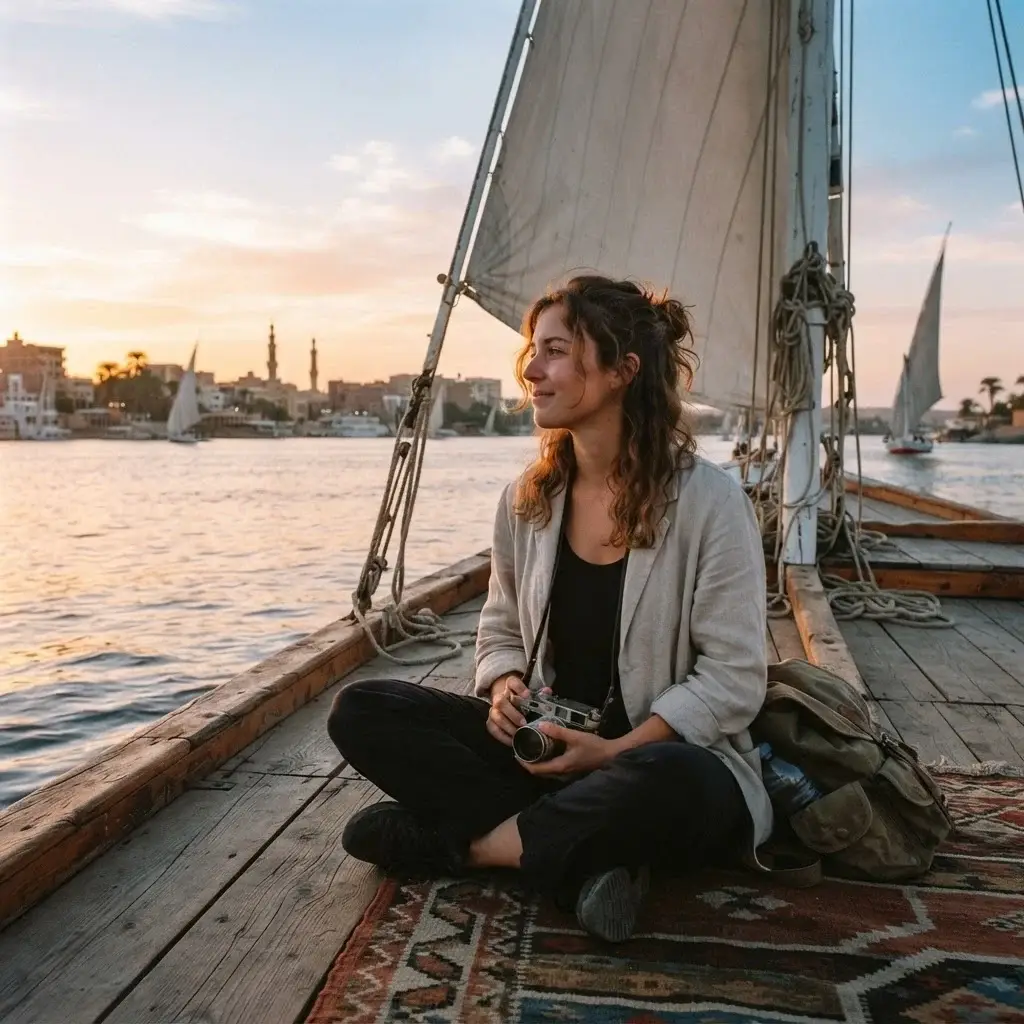 Solo traveler Emma Collins relaxing on a traditional wooden felucca boat on the Nile River at sunset with Cairo in the background.