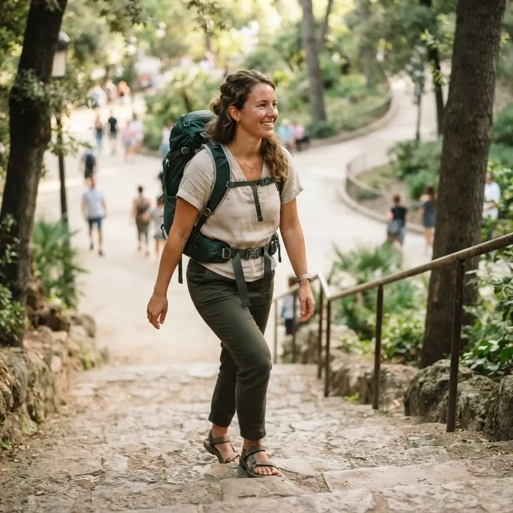 A natural mid-shot of a young woman with brown hair in casual linen apparel and broken-in walking shoes confidently walking up an outdoor concrete urban staircase with a perfectly fitted travel backpack.