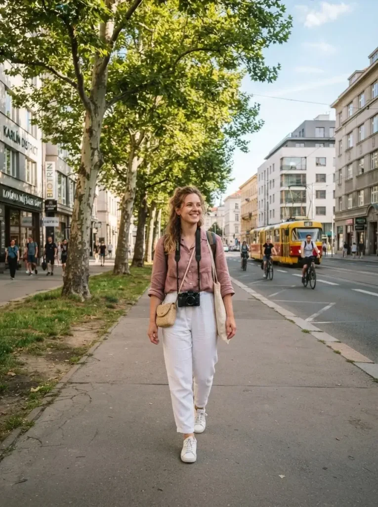 A young female traveler walking down a tree-lined, wide street in the modern Karlín district of Prague, wearing linen travel clothes and carrying a camera.
