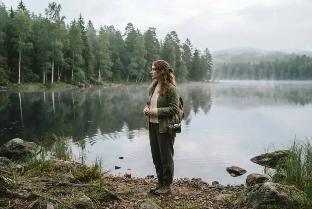Solo female traveler standing quietly beside a misty forest lake in Finland practicing forest bathing during a nature wellness retreat